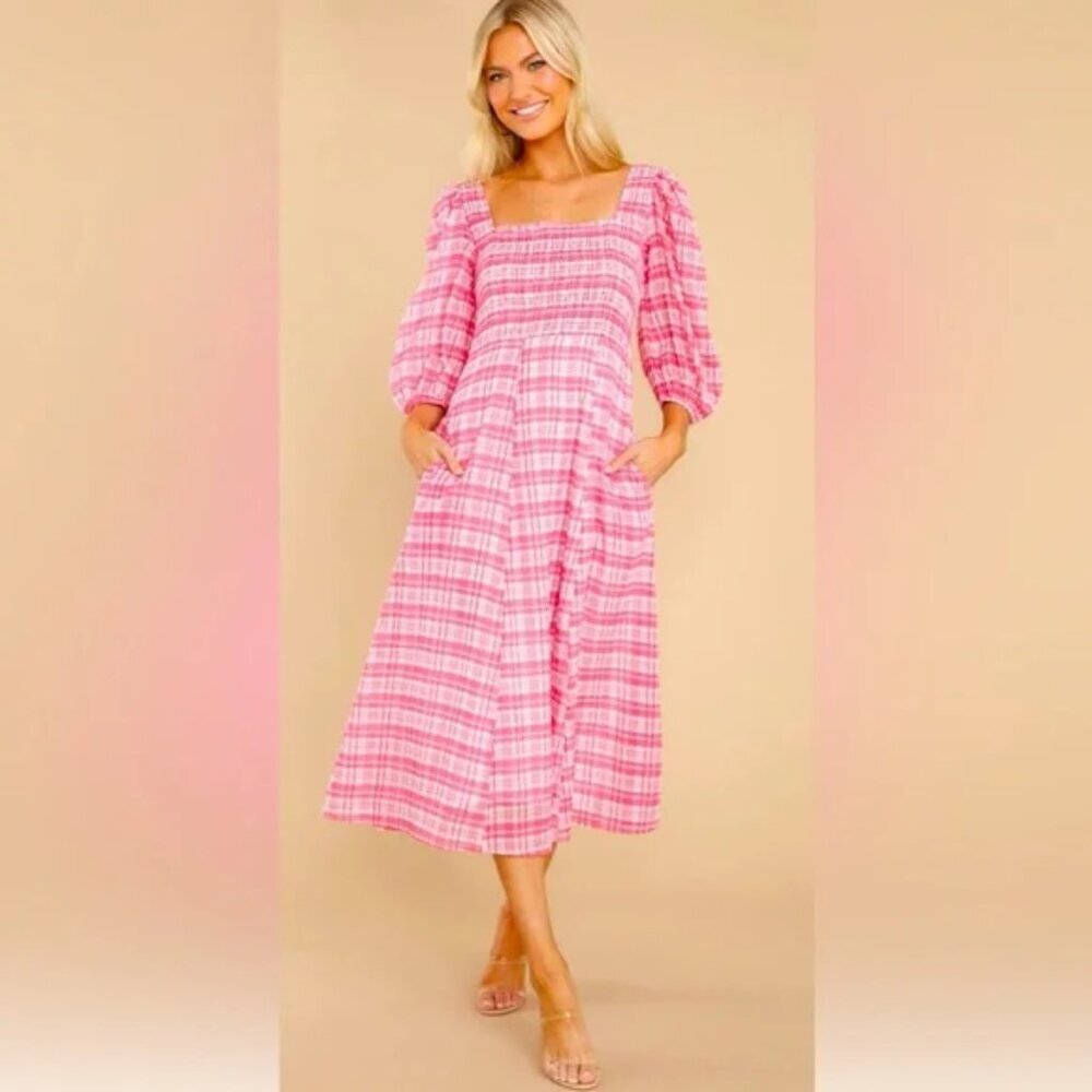 Olivia‎ James the label womens Bridget Country Plaid Pink Midi Dress size small